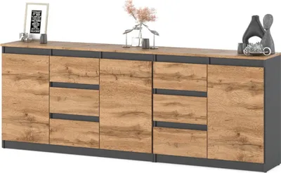 Zdjęcie produktu dla Komoda Młodzieżowa Nowoczesna 6 Szuflad 200Cm Duża Szafka Szara Dąb Wotan