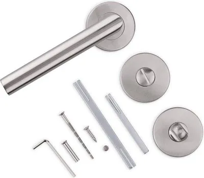 Zdjęcie produktu dla Zestaw aluminiowych klamek do drzwi łazienkowych z okuciami po lewej i prawej stronie