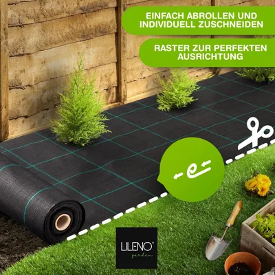 Produktbild von LILENO HOME Anti-Unkrautgewebe 25m² [100 g/qm] - Garten Unkrautfolie Wasserdurchlässig – Reißfestes Bändchengewebe Unkraut-Folie – mit Raster und UV-beständig [1m x 25m]