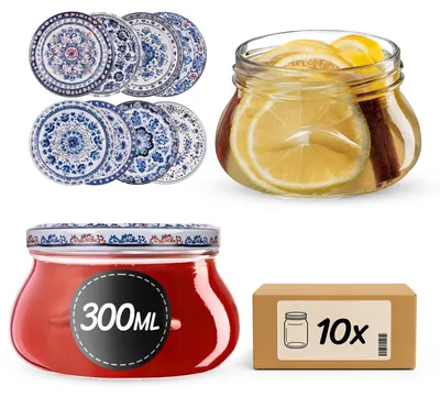 Einmachgläser 300 ml, 10 Stück, mit Schraubdeckel 82 mm, blau/weiß