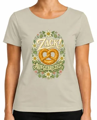 Produktbild von Zack! Aufgebrezelt Brezel Edelweiß Tracht Trachtenshirt Lederhose Damen T-Shirt, Natur, S