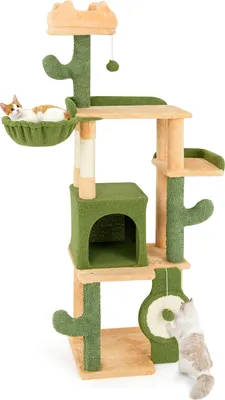 Image de COSTWAY Arbre à chat Cactus 160cm, arbre à chat avec grotte pour chats, plates-formes, poteaux en sisal, panier, griffoir & jouets, tour pour chats Meubles pour chats en bois