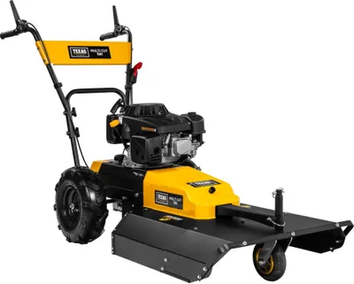 A yellow and black walk-behind mower with a gasoline engine, shown from a three-quarter front angle against a white background.