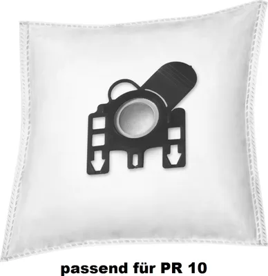 A white vacuum cleaner dust bag with a black plastic fitting.