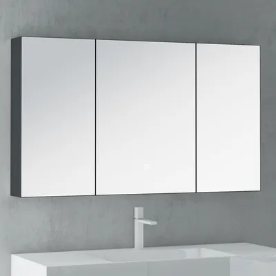 Image de doporro Armoire Murale Salle de Bains avec Miroir LED Placard de Rangement Gris Noir Mat en Bois Armoire de Toilette 3 Portes 120x15x70 cm Spiegelschrank 04