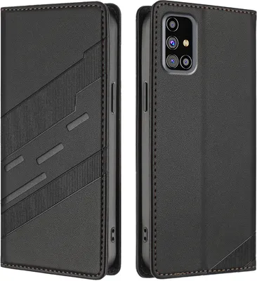 A black leather flip case for a smartphone is shown from two angles.