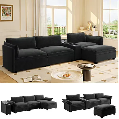 Zdjęcie produktu dla Modułowa sofa w kształcie litery L, obita tkaniną typu chenille, z podnóżkiem, wymiary: 315 x 70 x 85 cm, kolor: czarny