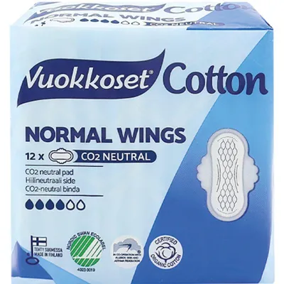 Zdjęcie produktu dla Podpaski NORMAL WINGS ze skrzydełkami Vuokkoset Bawełna 12 szt. | Bawełna Organiczna, 225 mm, Chłonność 4/6 | Hipoalergiczne