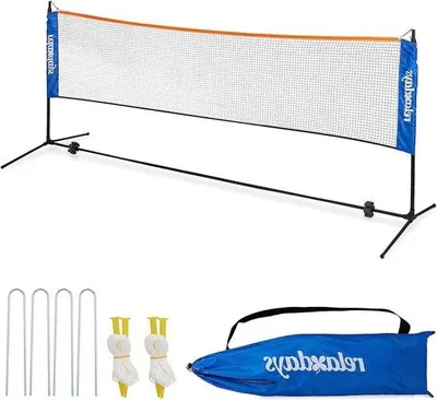 Image de Filet de badminton ajustable jusqu'à 225 cm pour le volleyball de plage et de parc - noir/bleu avec poteaux et sac
