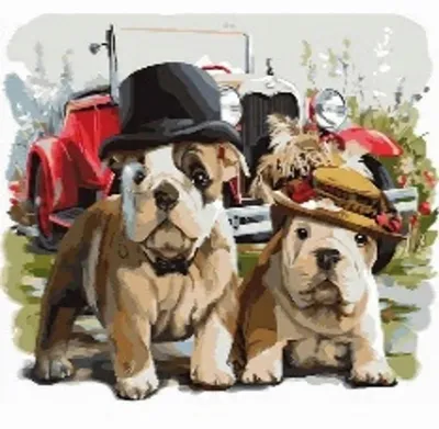 Produktbild von Malen nach Zahlen: Bulldoggen, Hunde mit Hüten, 50x40 cm, mit Rahmen, kreativ