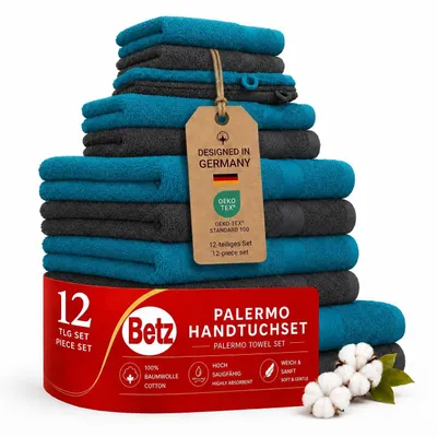 Produktbild von Betz 12-TLG. Handtuch-Set Palermo 100% Baumwolle 2 Liegetücher 4 Handtücher 2 Gästetücher 2 Seiftücher 2 Waschhandschuhe Farbe Petrol und anthrazit