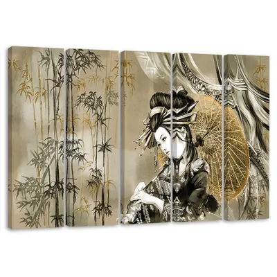 Produktbild von 5-teiliges leinwandbild geisha und bambus 100x70 cm Feeby grün wandbild bereit zum aufhängen