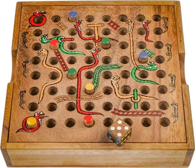 Produktbild von Schlange & Leiter – Würfelspiel für 2–4 Spieler | Holzspiel mit Steckfiguren 14 x 14cm