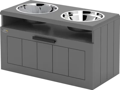 Produktbild von Futterstation für große Hunde, mit 2 Edelstahlnäpfen, Schublade, Futterspender für Haustiere, MDF, Stahl, Grau