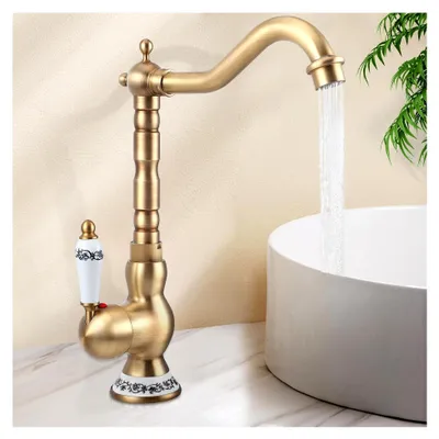Produktbild von Retro Design Mischbatterie für das Bad, Wasserhahn im antiken Stil, Hochformat aus Messing, 360° drehbare Waschtischarmatur in Gold für Waschbecken, kaltes und heißes Wasser