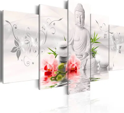 Produktbild von Leinwandbilder 200x100 cm b-A-0020-b-p Vlies Leinwandbild 5 tlg Kunstdruck modern Wandbilder XXL Wanddekoration Design Wand Bild BUDDHA BLUMEN