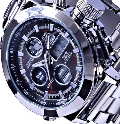 Produktbild von XL SKM Analog Digital Herren Armband Uhr Silber Farben Chronograph grünes Licht