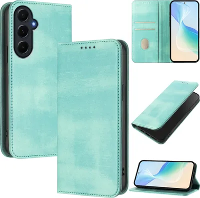 Produktbild von Handyhülle für Samsung Galaxy A55, Vintage Leder RFID Schutz Kartenfach Standfunktion Magnetische Klapphülle Türkis