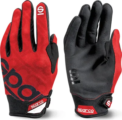 A pair of red and black Sparco gloves shown from the front and back.
