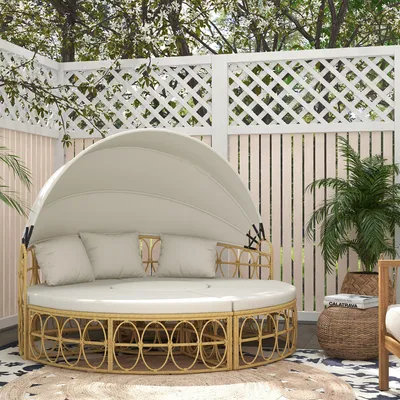 Produktbild von Polyrattan Sonneninsel 4-teilig, Gartenmuschel mit ausziehbarem Sonnendach, inkl. 2 Hocker und Couchtisch, UV-beständig, waschbare Bezüge, Grau-Beige