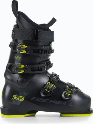 A black and yellow ski boot is shown against a white background.