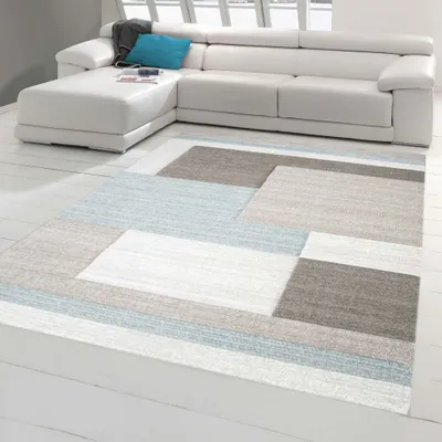 Obrázek produktu pro Designový koberec Moderní koberec Koberec do obývacího pokoje Krátký vlasový koberec s obrysovým károvaným vzorem Pastelové barvy Modrá Krémová Béžová Velikost - 120 x 170 cm