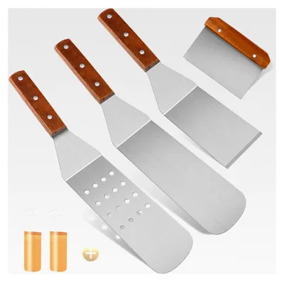 Produktbild von 4-teiliges Grillspachtel Set, Edelstahl Pfannenwender mit 2 Quetschflaschen und Holzgriffen für Teppanyaki-Grills und Plancha Zubehör