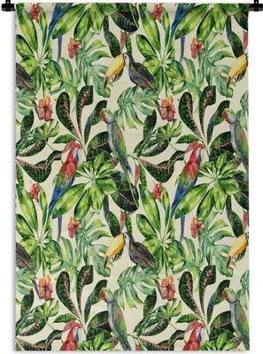 Produktbild von MuchoWow® Wandteppich Wandbehang Blumen - Vogel - Blätter 60x90 cm Tapisserie Dekoration Wandtuch - Foto-Teppich - Abwaschbar