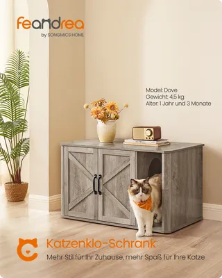 Produktbild von Feandrea Katzentoilette, Katzenklo-Schrank modern, Vordereingang, mit Doppeltür und Griffen Greige meliert