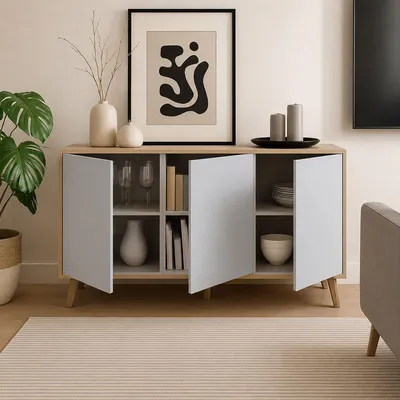 Produktbild von Arvada Sideboard, Modernes Sideboard mit 3 Türen und Regalen, Küchenbuffet, Designbuffet im Wohnzimmer, 154x40h75 cm, Eiche und Weiß