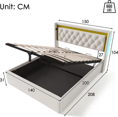 Obrázek produktu pro okwish Čalouněná postel 140x200 cm, LED manželská postel, úložný box pod postelí, čelo s USB-C nabíjením, s lamelovým roštem, vysoce kvalitní úsporná postel z bavlny (bez matrace)