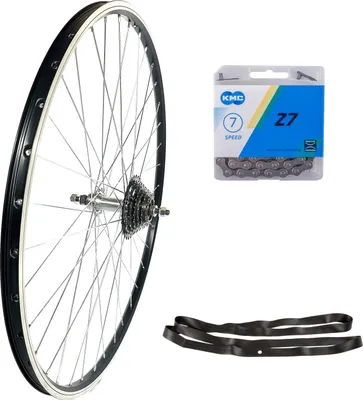 Produktbild von 28 Zoll Hinterrad Hohlkammer Geöst Hohlachse + Shimano Kranz 7-fach KMC Z7 Kette