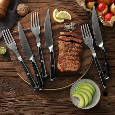 Produktbild von Steakbesteckset, Damaststeakmesser und Gabel, 6-teiliges Set, Steakbesteck aus Damaststahl, gezahntes Messer, Steakmesser, Set mit G10-Griff, Grillbesteck, Tischbesteck mit Geschenkbox
