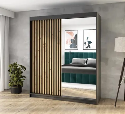 Produktbild von Schwebetürenschrank 180 cm Schwarz mit Spiegel – Kleiderschrank 2-türig, 3D-Lamellen, moderner Schrank mit Schiebetüren