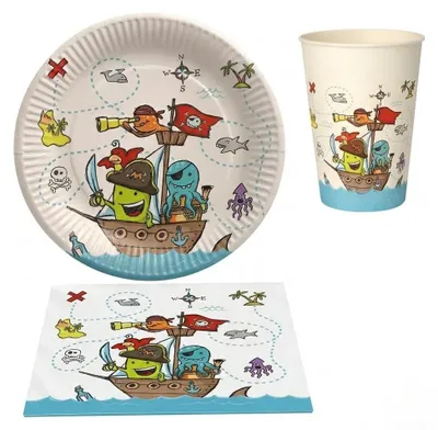 Piraten-Party-Set, 40-tlg.: 10 Teller, 10 Becher, 20 Servietten