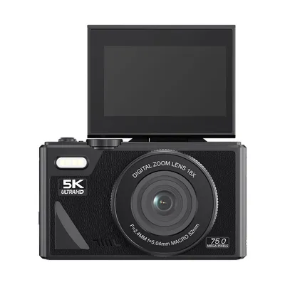 A black digital camera with its screen flipped up, shown against a white background.