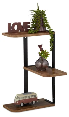 Zdjęcie produktu dla Półka narożna ścienna - 3 półki - 42,5 x 26,5 x 26,5 cm - MDF i metal - Brązowy i czarny - Do łazienki i kuchni