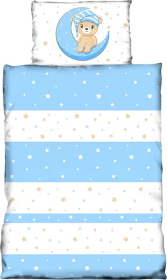 A baby bedding set with a pillow and duvet cover, featuring a teddy bear on the moon and stars.