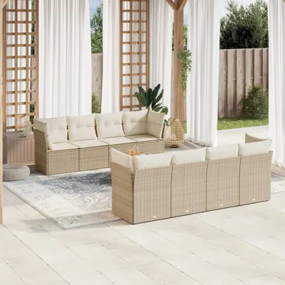 Produktbild von Design 9-tlg. Garten-Sofagarnitur mit Kissen Beige Poly Rattan, Gartenmöbel-Sets 2024 Neu