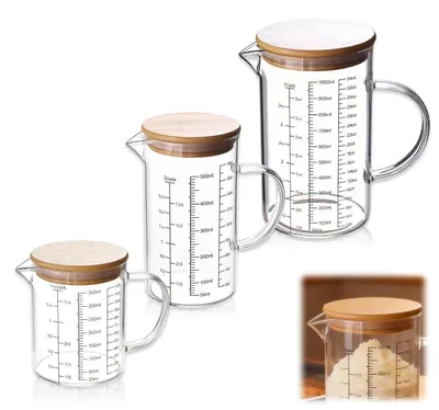 Produktbild von Messbecher Set Glas 3 Stück 350ml 500ml 1000ml Hitzebeständig Borosilikatglas mit Ausguss und Bambusdeckel