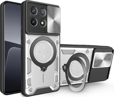 Produktbild von Handyhülle für Xiaomi Poco X6 Pro/Redmi K70E Dual-Layer Stoßfest Rüstung Hülle mit Dia Kameraschutz und Kreisförmig Ring Ständer Silber