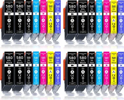 A collage of four rows of printer ink cartridges, with each row containing multiple cartridges of different colors.