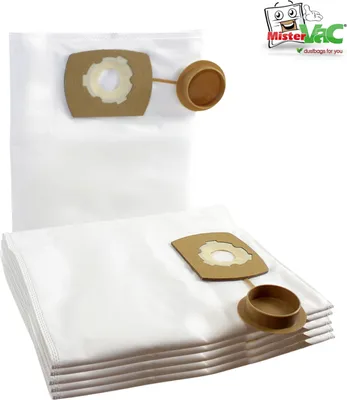 A stack of white vacuum cleaner bags with brown cardboard attachments and a logo in the top right corner.