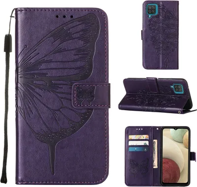 Produktbild von Galaxy A12 Hülle, Schmetterling Prägung Flip Leder Kartenfächer Schutzhülle Ledertasche mit Ständer für Samsung Galaxy A12 5G Lila