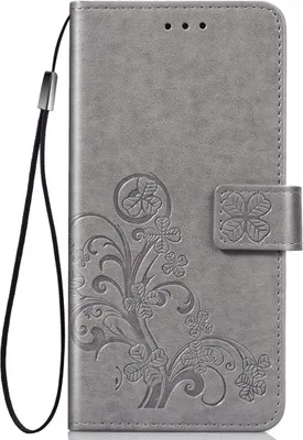 A grey flip case cover for a phone with a floral embossed pattern and a wrist strap.