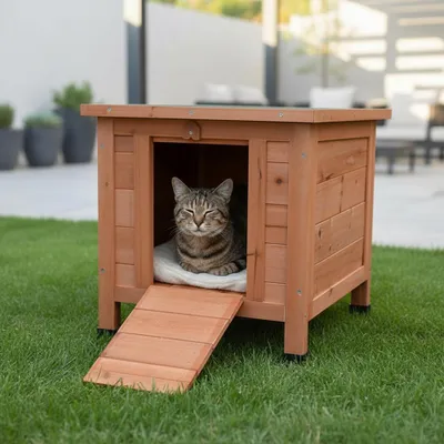 Produktbild von Katzenhütte Holz Outdoor Braun/Grün wetterfest Tierhaus mit Dach