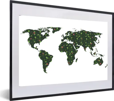 Produktbild von MuchoWow® MuchoWow® Gerahmtes Poster Weltkarte - Tropische Pflanzen - Weiß 60x40 cm - Poster mit zchwarzem Bilderrahmen - Schlafzimmer - Plakat in Rahmen - Drucken