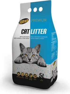 A bag of Hilton cat litter with a cat image on the front.