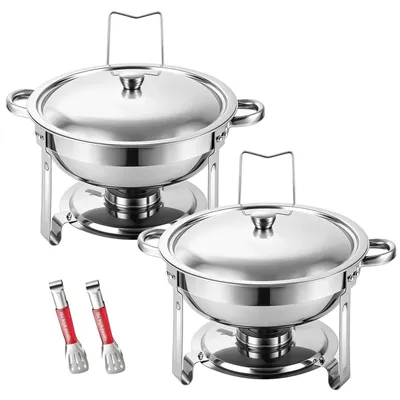 Image de Ensemble de chafing dishes pour buffet - 2 chauffe-plats ronds - Contenants de 4,5 litres - Acier inoxydable - Pour buffets de restauration et fêtes - Argenté