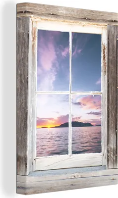 Produktbild von OneMillionCanvasses® - Leinwandbilder - 90x140 cm, Aussicht - Insel - Meer, - Geöffnetes Fenster - Fensterblick Schlafzimmer Kunstdruck Wanddekoration - Foto auf Leinwand - Gemälde auf Holzrahmen  - Wandschmucke - Schlafzimmer
